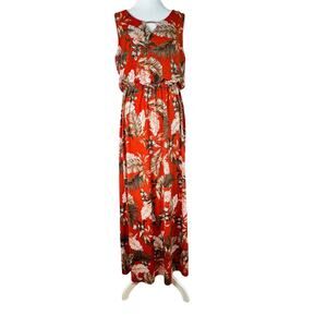 Naif Tropical Floral Maxi Dress Women L Orange Sleeveless Keyhole Boho